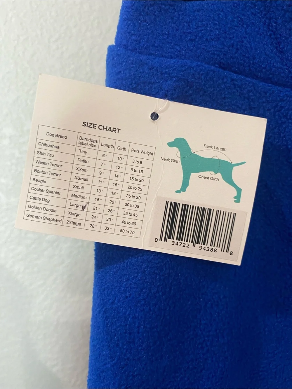 Royal Blue Fleece Dog Coat SzL see tag for sizing